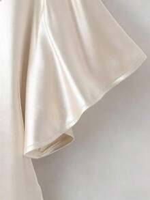 Blusa de satén elegante, blusa de manga corta, blusa de cuello en V, blusa de uso diario - Albaricoque 2 - Ver 3