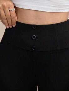 Leggings de cintura alta de unicolor cómodos y casuales para mujer - Negro - Ver 8
