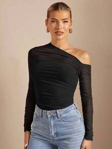 Camiseta Ajustada De Malla Transparente Con Cuello Asimétrico Y Fruncido Para Mujer - Negro - Ver 6