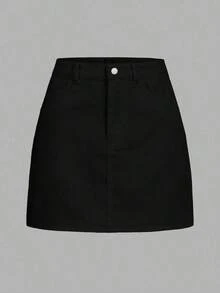Falda de mezclilla sólida - Negro - Ver 5