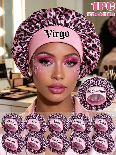 1Pc Women's 12 Constellation Pink Leopard Print Satin Sleep Cap, Soft Thin No Press Hair Bonnet, Anti-Frizz Night Hair Cover, Hair Accessories Hats For Women, Headbands For Hair Hair Bands Head Scarfs For Ladies Sleeping Daily Use