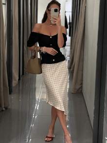Saia de Festa Elegante com Poá de Cetim para Mulheres, Bainha Assimétrica, Leve, Uso Externo de Verão, Branca - Branco - Visão 4