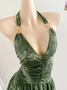 Vestido azul impreso de malla de punto con escote de halter romántico de vacaciones para mujeres - Verde - Ver 9