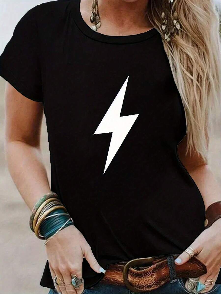 Camiseta cómoda para mujer con el icono de un rayo estilizado - Negro - Ver 1
