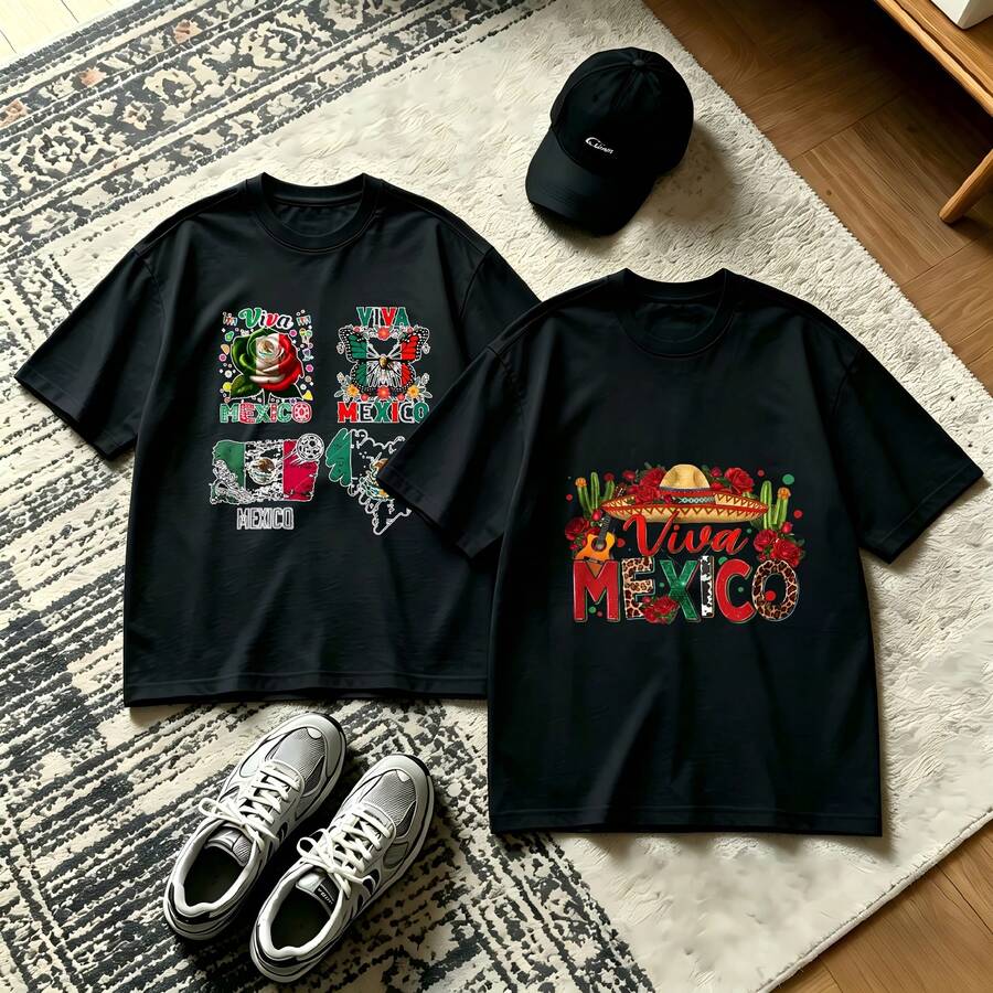 2-Piece Couple Matching Pattern T-Shirt, 100% Cotton, Loose Fit, Soft And Breathable, Casual Round Neck Short Sleeved Top Viva Mexico Rose Flag Map Sombrero Maracas Versatile Patterns No Picky Combinations Coordinated Dating Casual Travel Simple And Cartoonish Printing Styles High Cost-Effectiveness - 黑色 - 查看 1