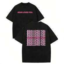 Camiseta con estampado degradado rosa "JESÚS TE AMA"|   Camiseta Estética de Fe Cristiana|   Top de algodón casual y moderno para ropa urbana 982O - Blanco - Ver 10