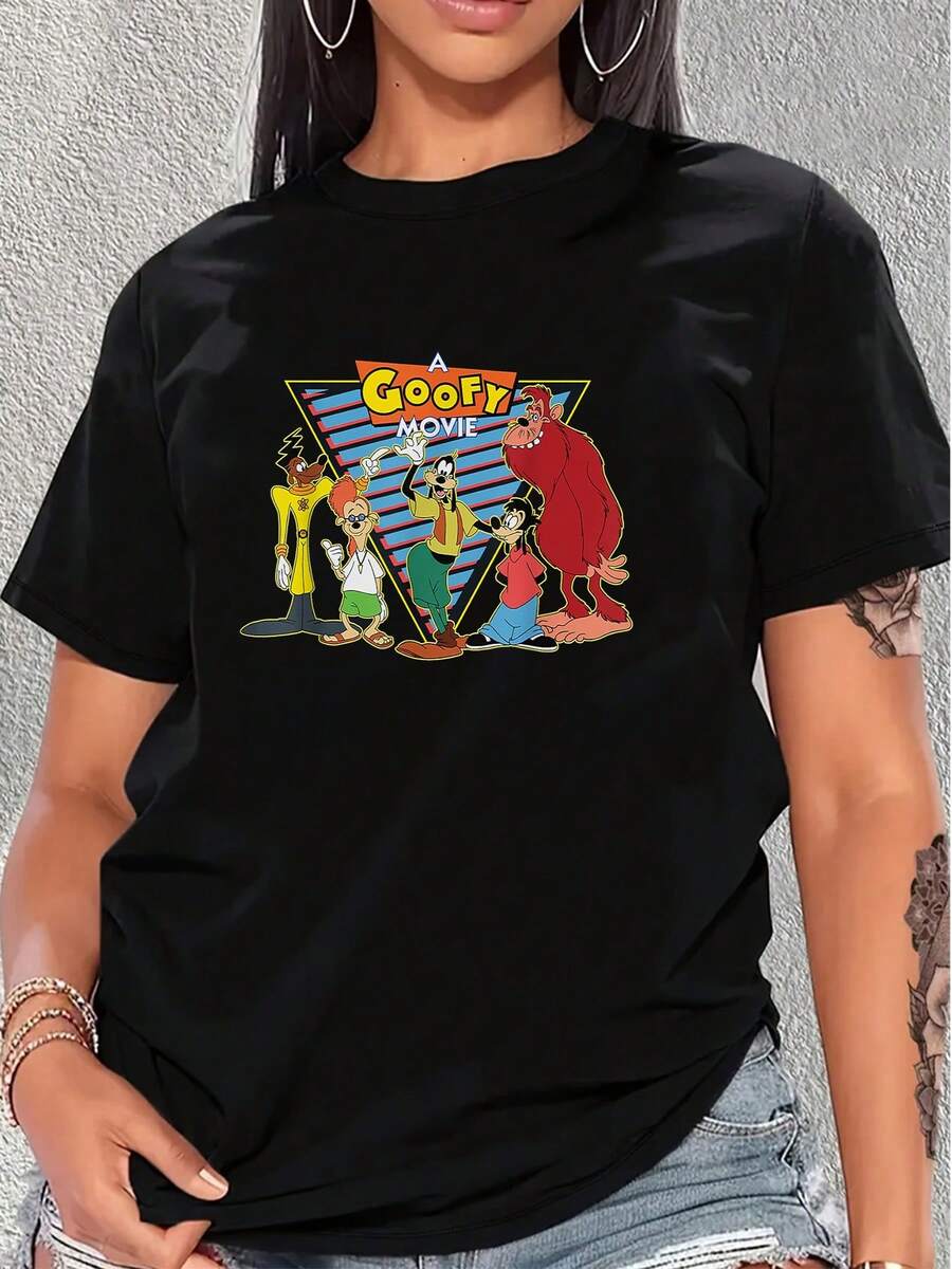Colorful Graphic Showing A Group Of Smiling Cartoon Characters Celebrating Friendship And Fun With A Retro Geometric Background Full Of Positive Energy. Comfortable Casual Women's T-Shirt For Everyday Wear - 黑色 - 查看 1