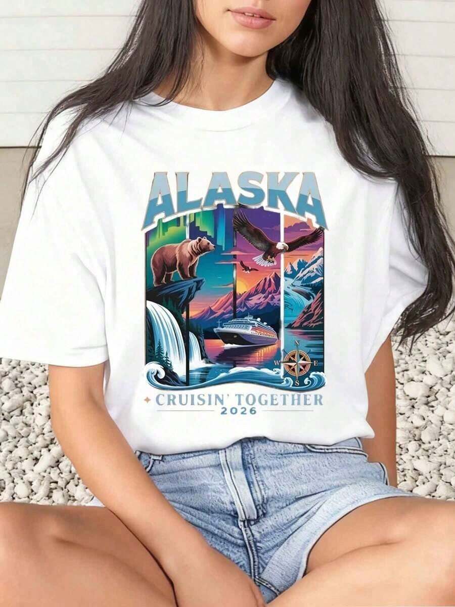 1 Piece Women's T-Shirt Alaska Cruisin Together 2026 With Bear, Eagle, Cruise, Mountains And Water Print, Gift For Summer Vacation, Daily Wear, Round Neck, Short Sleeve, Soft And Comfortable, 220Gsm 180g 100% Cotton - 白色 - 查看 1