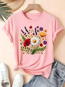 Camiseta de mujer de manga corta, estampado de ramo de flores, diseño de ramo de flores silvestres multicolores (margaritas, lavanda, amapolas), prenda en color rosa claro, cuello redondo casual - PALO DE ROSA - Ver 1