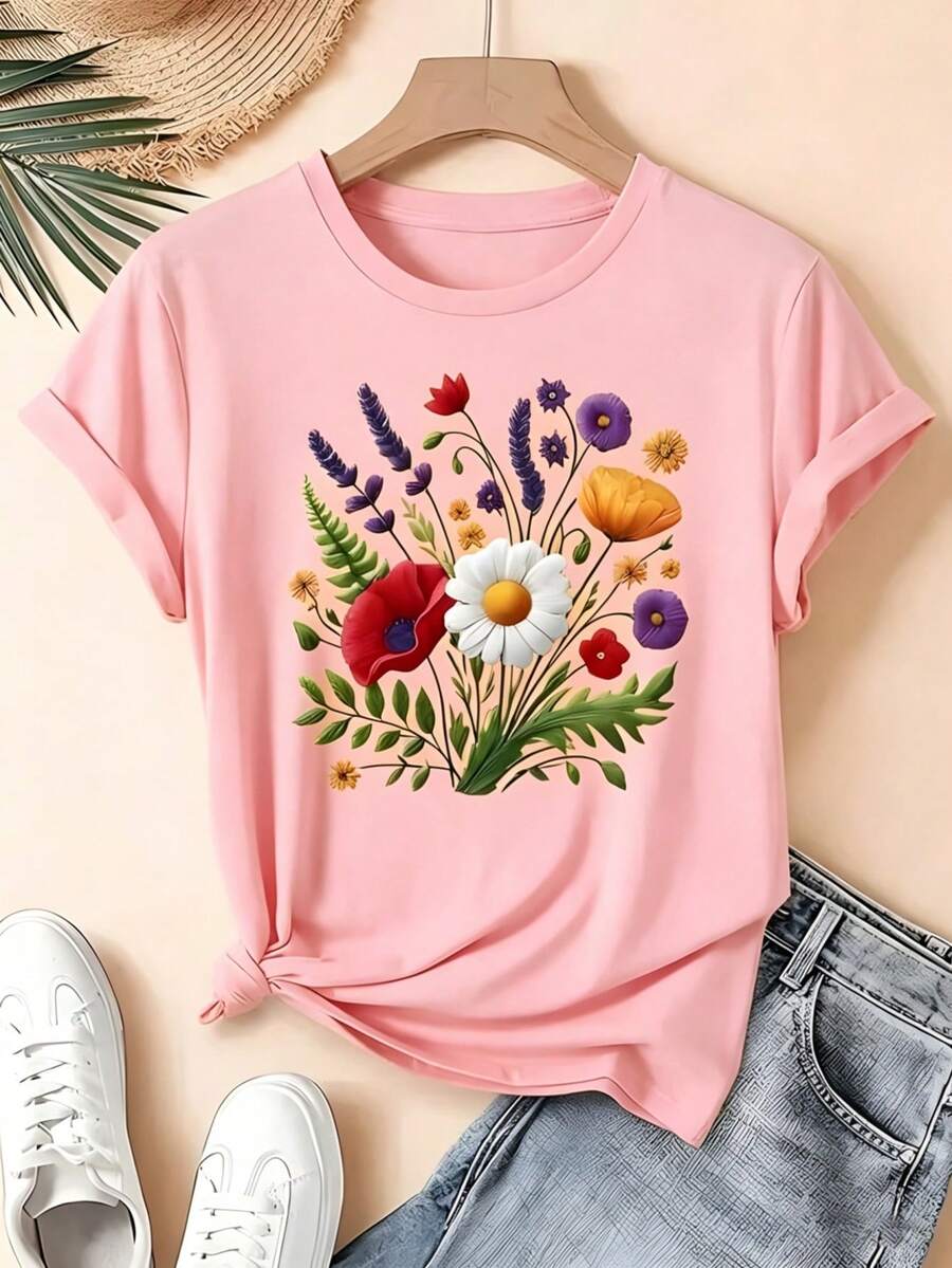 Camiseta de mujer de manga corta, estampado de ramo de flores, diseño de ramo de flores silvestres multicolores (margaritas, lavanda, amapolas), prenda en color rosa claro, cuello redondo casual - PALO DE ROSA - Ver 1