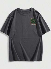 Zrgoth Men's Minimalist And Versatile Casual Short Sleeve T-Shirt With Japanese Crane Print - 深灰色 - 查看 3