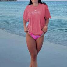 Letter Print T-Shirts For Women, Oversized Graphic Tees For Women And Teens, Y2k Short Sleeve Floral Print Graphic Tees, Aesthetic Summer T-Shirts, Cute And Preppy Women's Clothing For Vacation, Days Off, Everyday Casual Fashion And Versatility. - 夏日上衣 玫瑰紅 - 查看 5