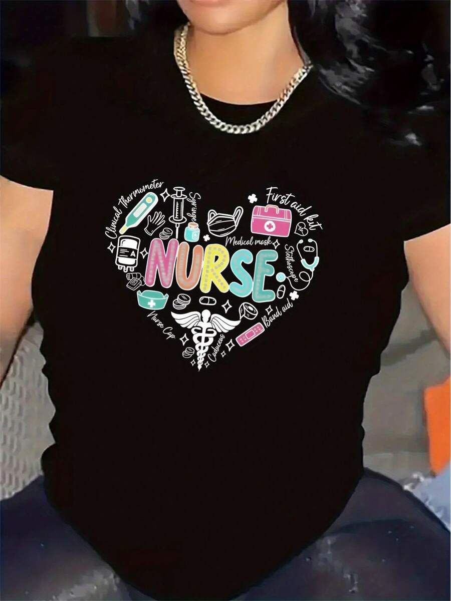 Camiseta de enfermera|   Duradero y cómodo, una opción para hospitales, con un diseño de patrón en forma de corazón, adecuado para el trabajo o uso casual, tela ligera y transpirable, cuello redondo, elasticidad media. - Negro - Ver 1