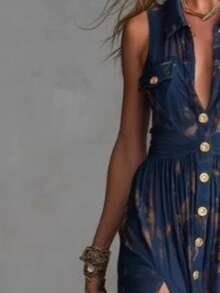 Retro casual V cuello abrochado azul oscuro chiffon falda larga - Azul - Ver 3