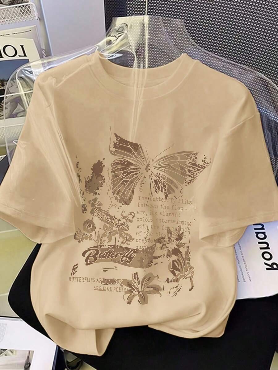 Women's Vintage-Style Butterfly Print T-Shirt, Casual Short-Sleeved Crew Neck T-Shirt, Suitable For Everyday Wear - Unisex Loose-Fitting Cotton Short-Sleeved Crew Neck T-Shirt For Women. Blouses. Casual Blouses For Ladies. - 杏色 - 查看 1