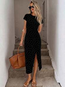 Vestido midi casual de mujer con estampado de lunares, cintura retorcida y abertura alta sin mangas; Vestido ajustado texturizado casual de mujer; Conjunto de fitness de mujer; Vestido de invitada de boda de mujer; Atuendo de oficina de mujer - Multicolor 9 - Ver 2