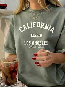 Women's Vintage Graphic T-Shirt With California Los Angeles Design - Casual Crew Neck, Short Sleeve, Cotton, Machine Washable, EST 1776 Print2025 - 軍綠色 - 查看 2
