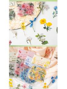 40 piezas/paquete Pegatinas florales de PET, materiales de decoración de flores para scrapbooking, diario, manualidades DIY - A - Ver 2