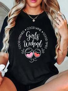 Comfortable100% Cotton Girls Weekend Trip Vacation Matching Good Friend Wine Time T-Shirt Short Sleeve Round Neck Casual Top For Summer & Spring, Women's Men's Graphic TeeLoose Versatile Short Sleeve T-Shirt For Women - 黑色 - 查看 5