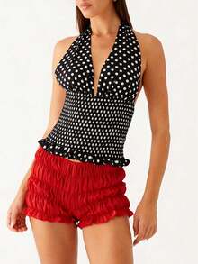 Women's Sexy Polka Dot Halter Top Backless Tie Back Vest Ruched Ruffle Hem Going Out Tops - Negro - Ver 1