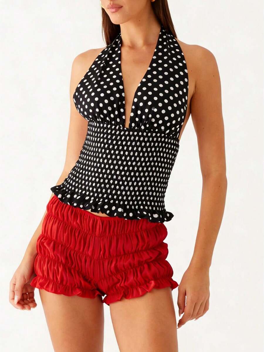 Women's Sexy Polka Dot Halter Top Backless Tie Back Vest Ruched Ruffle Hem Going Out Tops - Negro - Ver 1