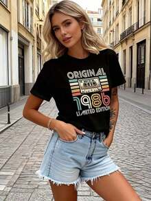 Simple And Versatile Design. This Comfortable Women's Short-Sleeved T-Shirt Features A Limited-Edition 1986 Cassette Tape Design-A Casual, Retro Geometric Print T-Shirt Suitable For All Seasons, Machine Washable, Vintage Style, For Everyday Wear, Loose Fit, Black, Summer Style, Made Of Pure Cotton. - 黑色 - 查看 5