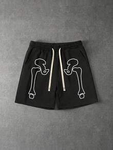 Plus Size Men's Casual Shorts With Skull Skeleton Line Print, Street Style Graphic Shorts - Black - View 2
