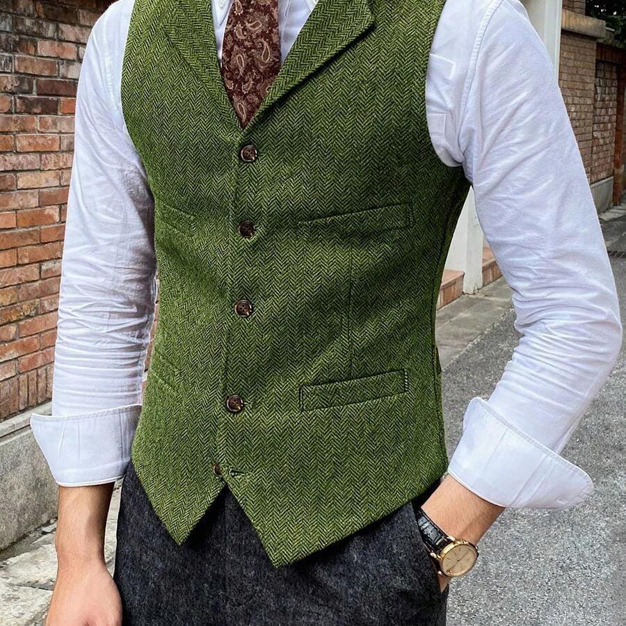 Men's Tweed Vest, Vintage V-Neck Wool Plaid Dress Shirt - Green - View 1