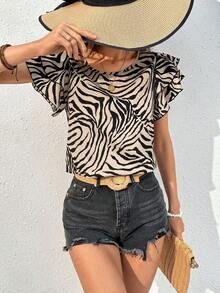 Blusa de verano con cuello redondo, de doble capa y mangas cortas, con estampado de cebra.Parte superior de verano casual con estampado animal.Blusa de manga corta linda y de corta duración para mujer. - Multicolor - Ver 2
