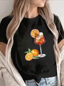 Black Short-Sleeved T-Shirt With Orange Cocktail Print, Lightweight And Durable, Suitable For Casual Wear In The Kitchen Or Living Room - Unisex Loose Cotton Short-Sleeved Round Neck Urban Vintage Style T-Shirt. - 黑色 - 查看 1