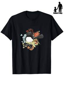 1 Australian Bowtail Bird And Wildflower Design T-Shirt - 100% Black T-Shirt With Male And Female Bowtail Bird Design, Australian Wildlife Gift For Men, Women, Dad, Mom - Soft Casual Short Sleeve T-Shirt (Sizes S-XL) - 黑色 - 查看 6