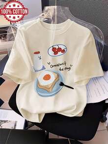 Women's Casual Summer T-Shirt, Cool Style, Breakfast Toast Print, Short Sleeve, Round Neck, Long K - White - View 6