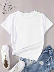 Soft 100% Cotton T-Shirt, 100% Pure Cotton, New Summer Style, 1 Piece, Women's Abstract Print Cotton T-Shirt, Lightweight, Breathable, Casual And  Style, Crew Neck, Pure Cotton T-Shirt For Women. | Casual Short-Sleeve Crew Neck T-Shirt | Abstract Floral Print | Ribbed Detail | Comfortable Fit For All Seasons | Machine Washable And Dry Cleanable | Multifunctional Casual Print Sweatshirt - Short-Sleeve T-Shirt For Everyday Summer Wear. Machine Washable. A Gift For Family, Siblings, Friends, Parents, Or Teachers. Breathable Cotton T-Shirt, Goes With Everything. - 白色 - 查看 2