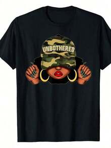 Camouflage T-Shirt With Cap, Afro Style, Printed T-Shirt For Women, Urban Retro Fashion, Short Sleeve, Round Neck, Casual, For Summer And Outdoor Vacation - 黑色 - 查看 7