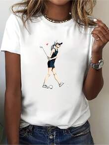 Women's T-Shirt With A Golfer And Queen Print, Short Sleeves, Round Neck, Casual Style, Suitable For Summer And Spring, Model_0402, Is The Best Gift For Mothers, Sisters, Daughters, Wives, And Girlfriends. Women's T-Shirts. - 白色 - 查看 1