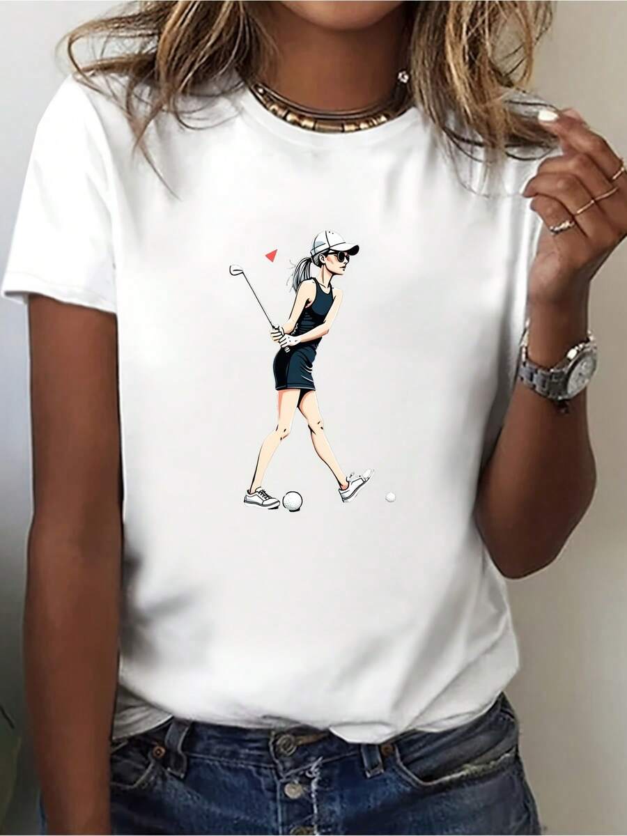 Women's T-Shirt With A Golfer And Queen Print, Short Sleeves, Round Neck, Casual Style, Suitable For Summer And Spring, Model_0402, Is The Best Gift For Mothers, Sisters, Daughters, Wives, And Girlfriends. Women's T-Shirts. - 白色 - 查看 1