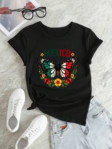 Camiseta de Mujer - Camiseta con Estampado de Mariposa Mexicana y Letras - Diseño floral brillante, manga corta, cuello redondo, estilo casual, cómoda para todas las estaciones, lavable a máquina, corte ajustado, diseño para vacaciones de verano, tela cómoda. - Blanco - Ver 10