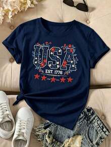 Women's American Patriotic T-Shirt With Vintage 1776 Design - Casual Red Short Sleeve Crew Neck Top With Stars And Stripes Design, All-Season Comfort, Machine Washable, Sizes S-XXL, American Flag T-Shirt - 藏蓝色 - 查看 1
