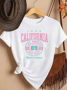 Soft California 1989 Graphic Print T-Shirt, Short Sleeve, Round Neck, Casual Top For Summer And Spring, Women's Clothing. - 白色 - 查看 7