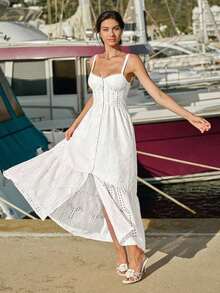 Vestido de tirantes informal de unicolor con bordado hueco para vacaciones de mujer - Blanco - Ver 5