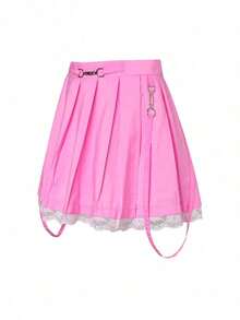 Falda gótica de cintura alta para mujer, falda plisada de encaje, minifalda con tirantes Y2K, falda corta acampanada, falda Harajuku - Rosa - Ver 1