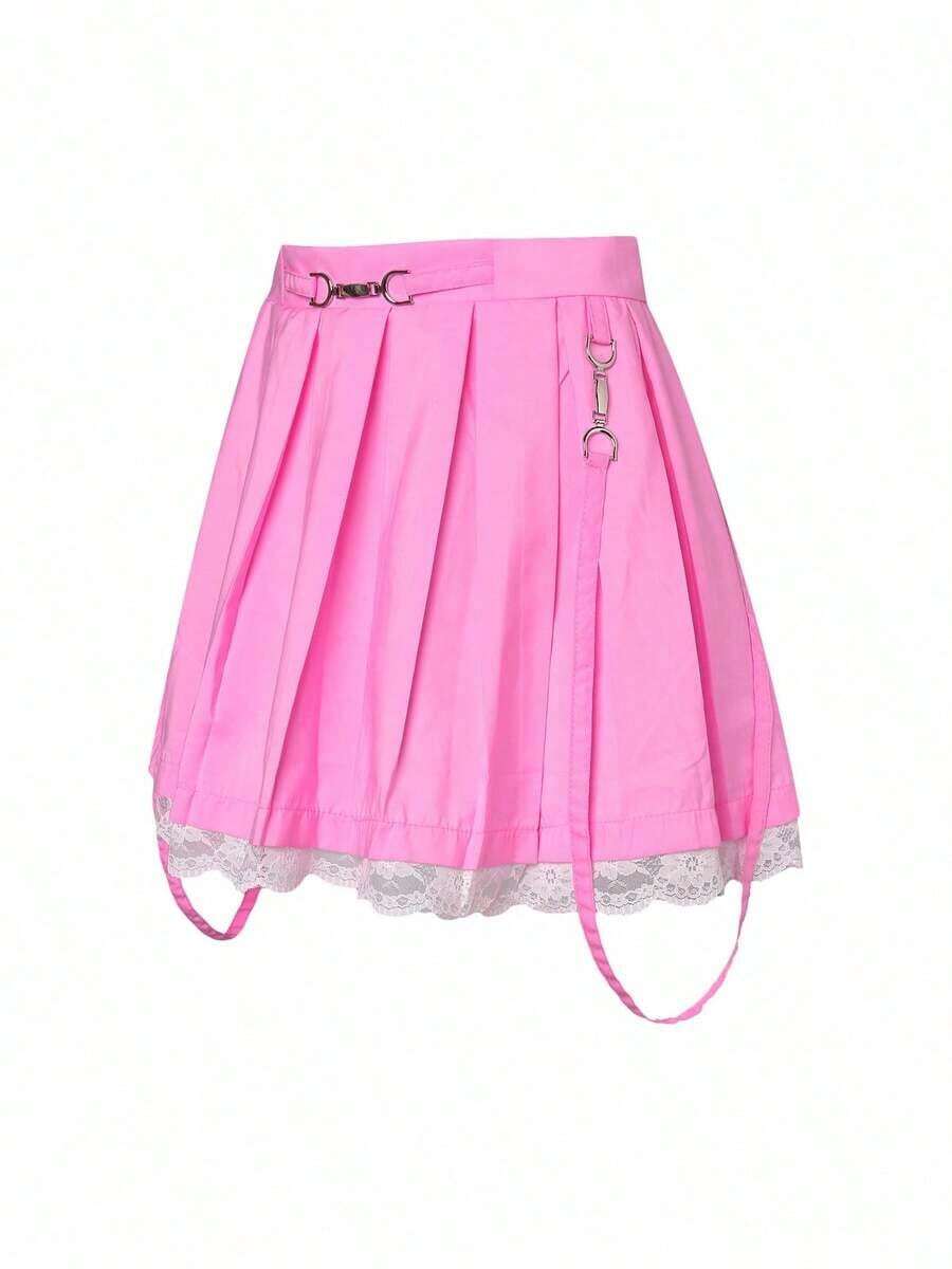 Falda gótica de cintura alta para mujer, falda plisada de encaje, minifalda con tirantes Y2K, falda corta acampanada, falda Harajuku - Rosa - Ver 1