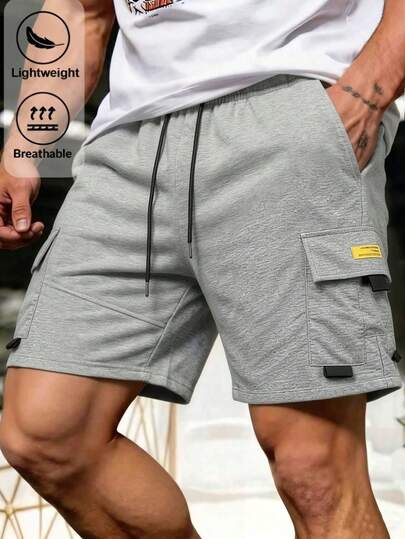 Pantalones cortos casuales de punto para hombres, con decoración de parches de múltiples bolsillos, pantalones de verano versátiles para exteriores y deportes