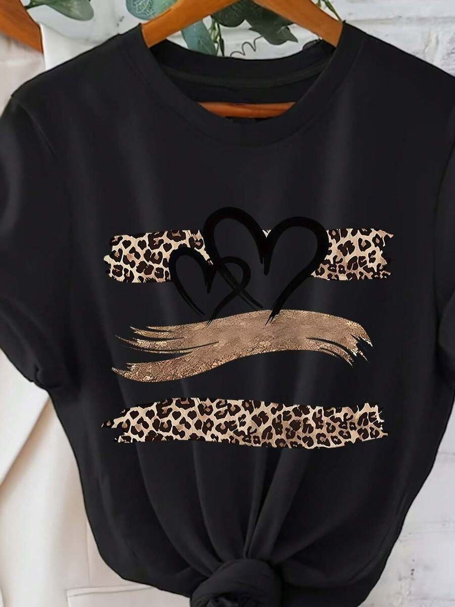 Women's Vintage Leopard Heart Print T-Shirt - Short Sleeve Blouse, Soft And Stretchy, Round Neck - Ideal For Valentine's Day Outfits, Casual Wear And Layering All Year Round, Comfortable Hand Washable Blouse - 黑色 - 查看 1
