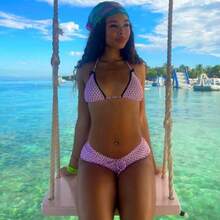 Set de Bikini para Mujer con Lunares, Top Triangular Halter y Braguita Corta, Detalle de Lazo y Cordón, Ajustado para Playa y Vacaciones de Verano - Rosa - Ver 5