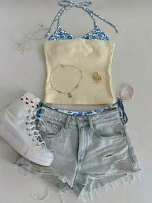 Top halter con estampado de frutas, diseño sin espalda, estilo casual de vacaciones, chaleco de 2 en 1 con bloques de color, adecuado para fiestas, citas, playas, carnavales y otras ocasiones, la elección perfecta para el verano.Top de playa, ro - Multicolor 19 - Ver 3