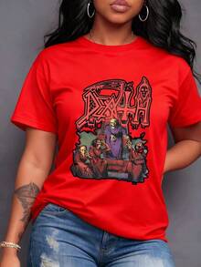 Artistic Illustration With Hooded Figures Toasting At A Mystical Gathering Under A Dripping Red Emblem Symbolizing The Connection Between Life And Eternity. Women's 100% Cotton Retro Urban Graphic Edition T-Shirt, Casual Short Sleeve. - 紅色 - 查看 7