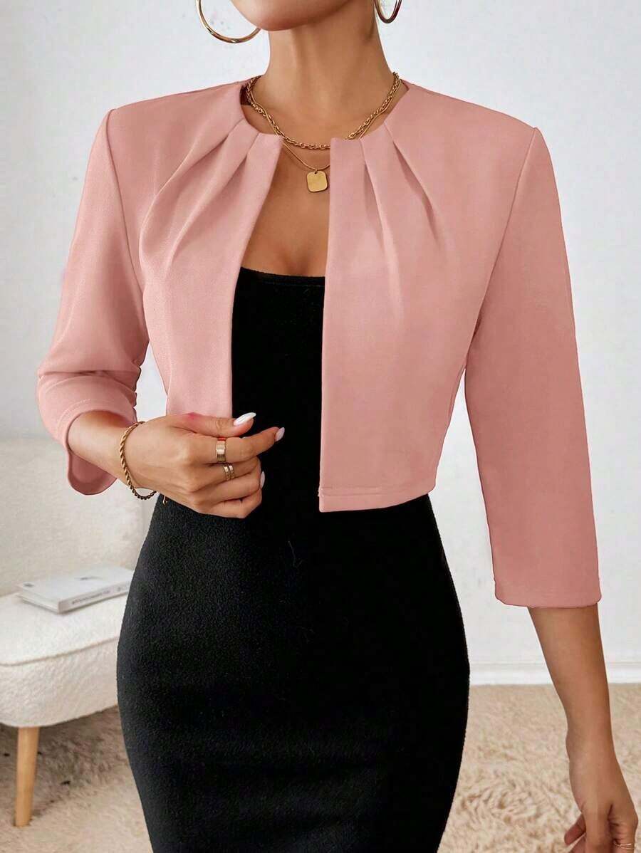 Blazer de moda casual y de negocios con frente abierto y plisado, de manga larga, para otoño/invierno - Rosa - Ver 1