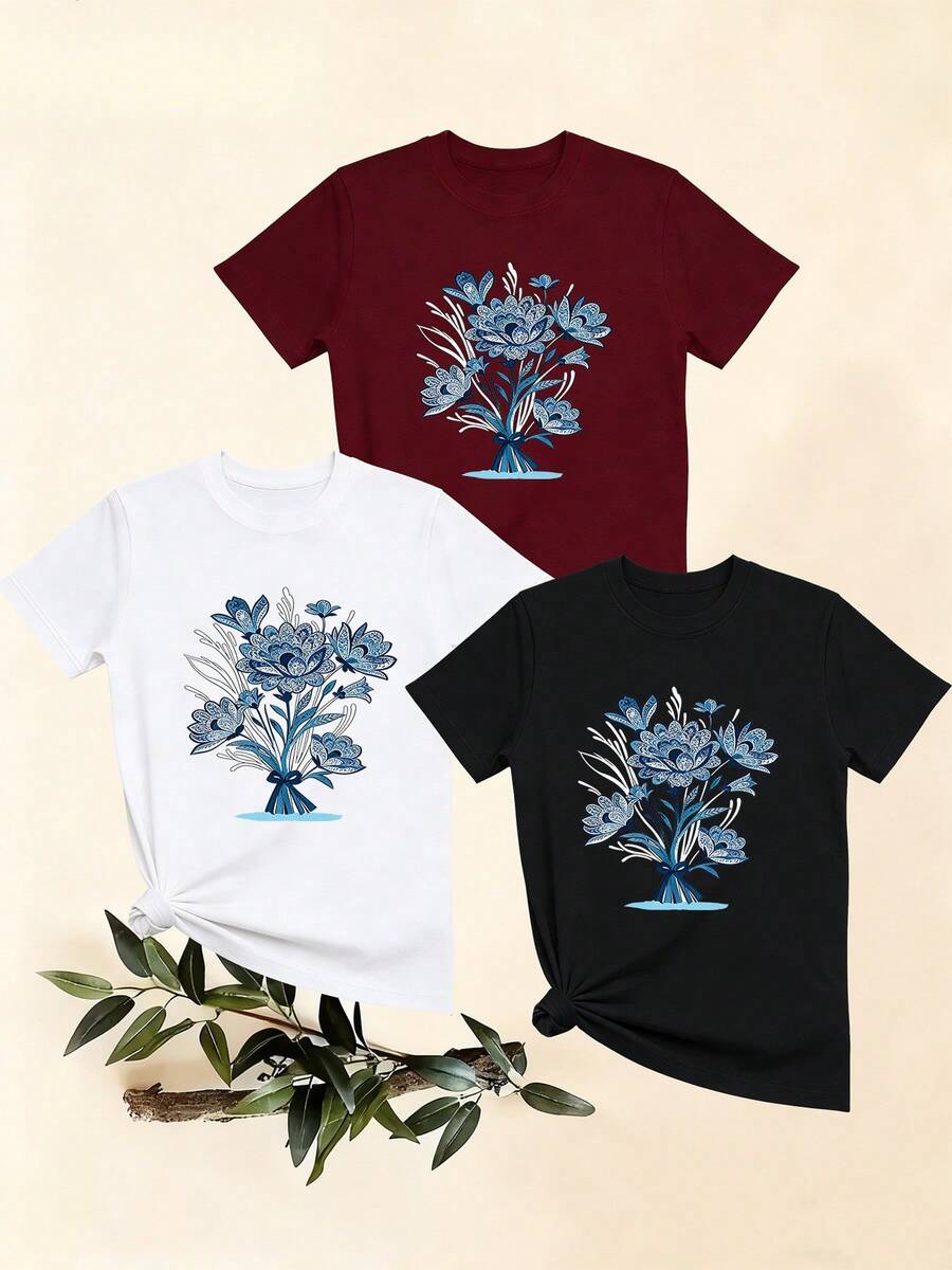 Women's T-Shirts, Women's T-Shirts, Casual One-Piece Floral Print T-Shirt, Comfortable Short-Sleeved Round Neck Top, Versatile Basic T-Shirt And A. - 1件黑色隨機圖案 - 查看 1