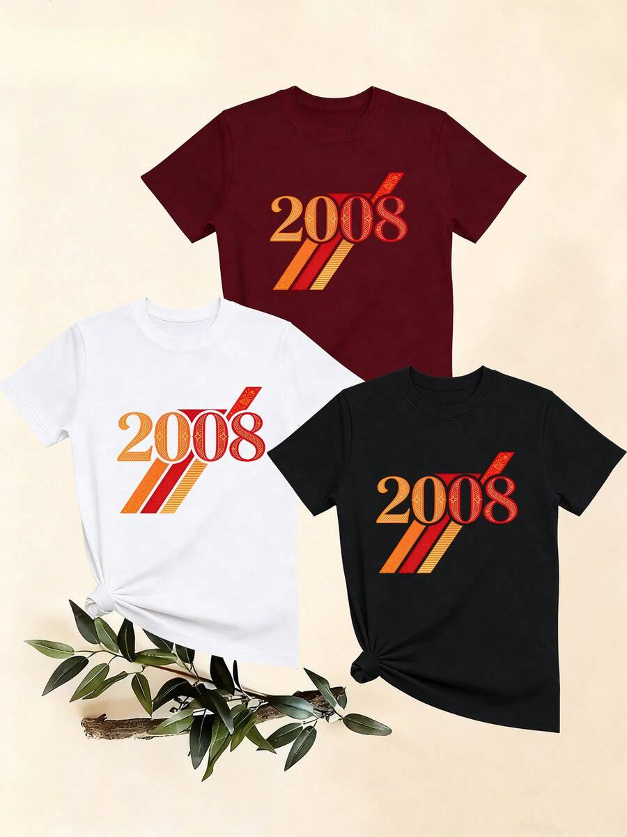 Women's T-Shirts, Women's T-Shirts, Casual One-Piece T-Shirt Set, Short Sleeve Round Neck Top With 2008 Number Print, Comfortable Summer Top For Women. - 1件黑色隨機圖案 - 查看 1